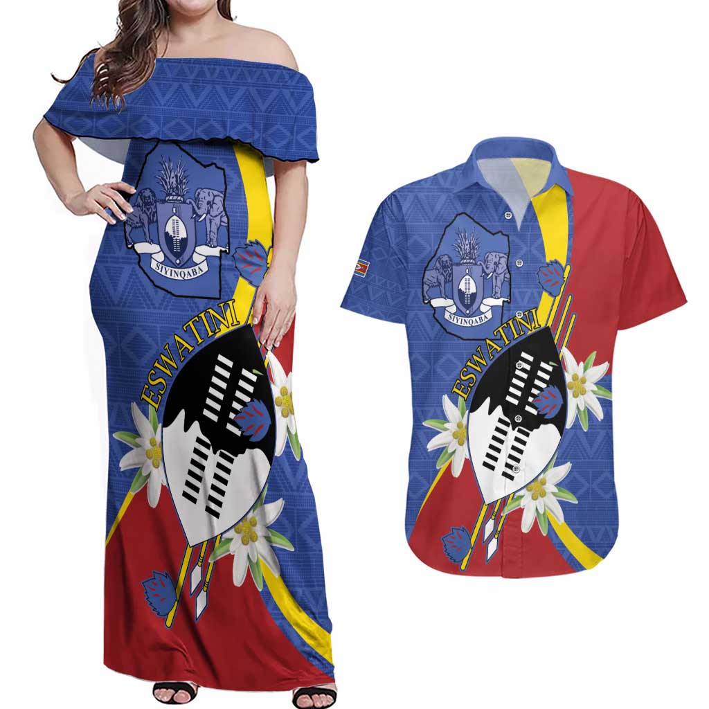 Eswatini Couples Matching Off Shoulder Maxi Dress and Hawaiian Shirt Nguni Shield Edelweiss Flower