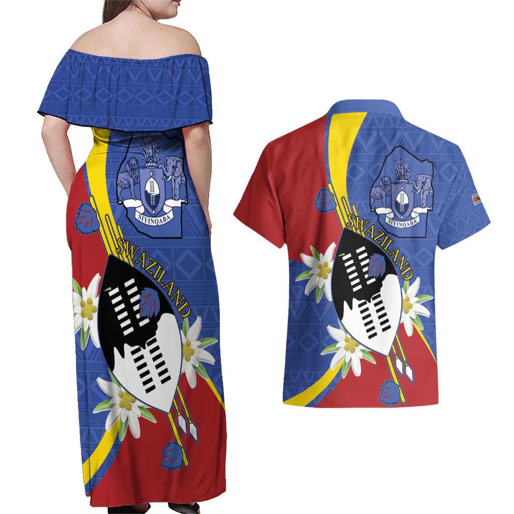Eswatini Couples Matching Off Shoulder Maxi Dress and Hawaiian Shirt Nguni Shield Edelweiss Flower