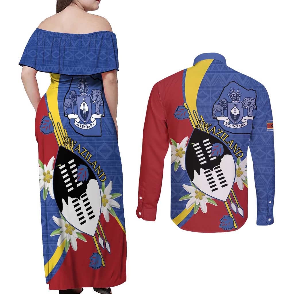 Eswatini Couples Matching Off Shoulder Maxi Dress and Long Sleeve Button Shirt Nguni Shield Edelweiss Flower