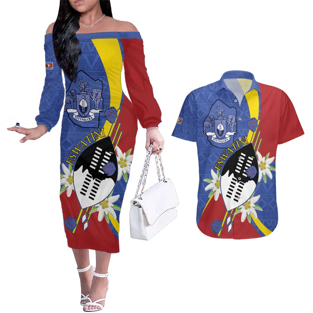 Eswatini Couples Matching Off The Shoulder Long Sleeve Dress and Hawaiian Shirt Nguni Shield Edelweiss Flower