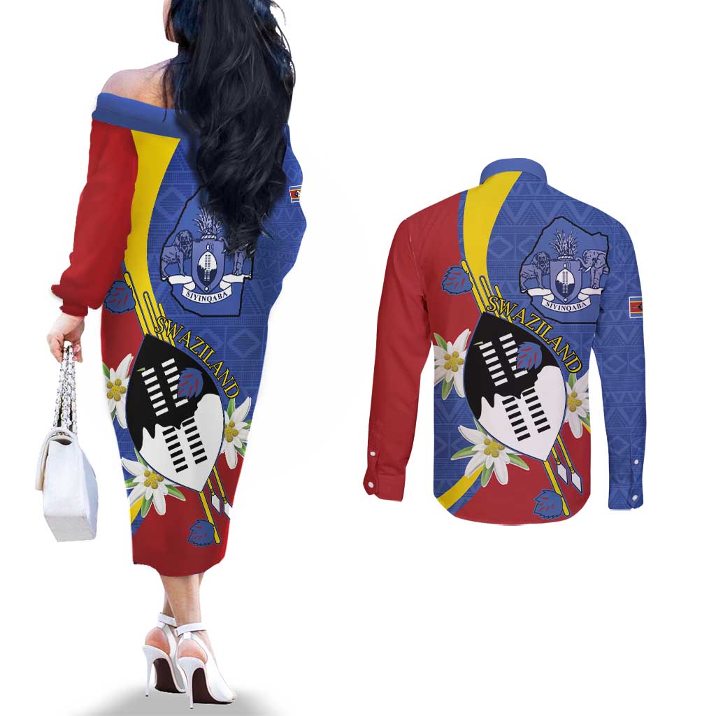 Eswatini Couples Matching Off The Shoulder Long Sleeve Dress and Long Sleeve Button Shirt Nguni Shield Edelweiss Flower