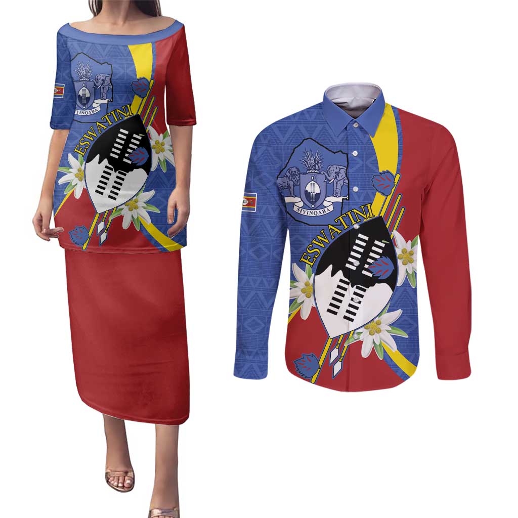 Eswatini Couples Matching Puletasi and Long Sleeve Button Shirt Nguni Shield Edelweiss Flower