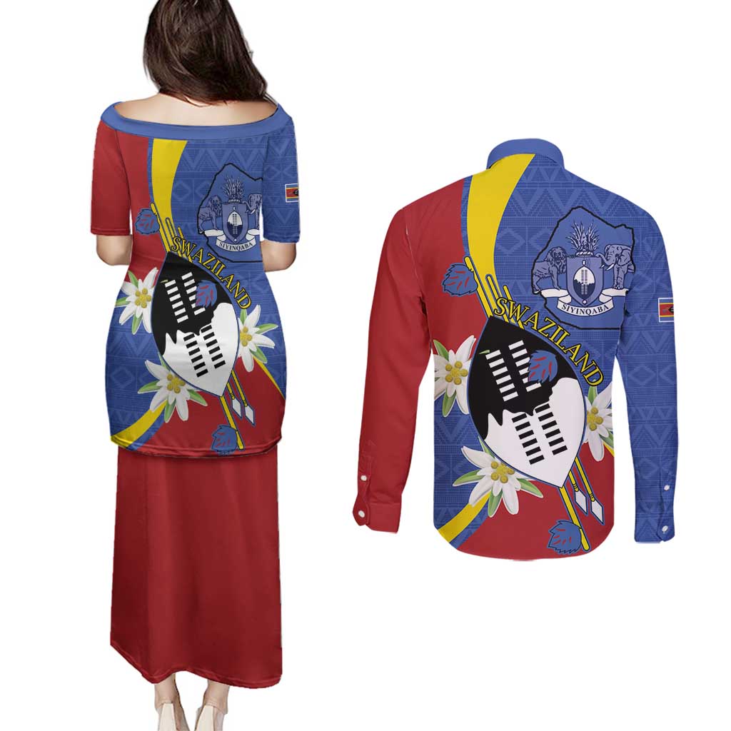 Eswatini Couples Matching Puletasi and Long Sleeve Button Shirt Nguni Shield Edelweiss Flower