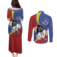 Eswatini Couples Matching Puletasi and Long Sleeve Button Shirt Nguni Shield Edelweiss Flower