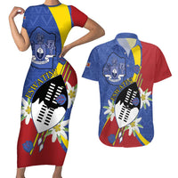 Eswatini Couples Matching Short Sleeve Bodycon Dress and Hawaiian Shirt Nguni Shield Edelweiss Flower