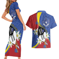 Eswatini Couples Matching Short Sleeve Bodycon Dress and Hawaiian Shirt Nguni Shield Edelweiss Flower