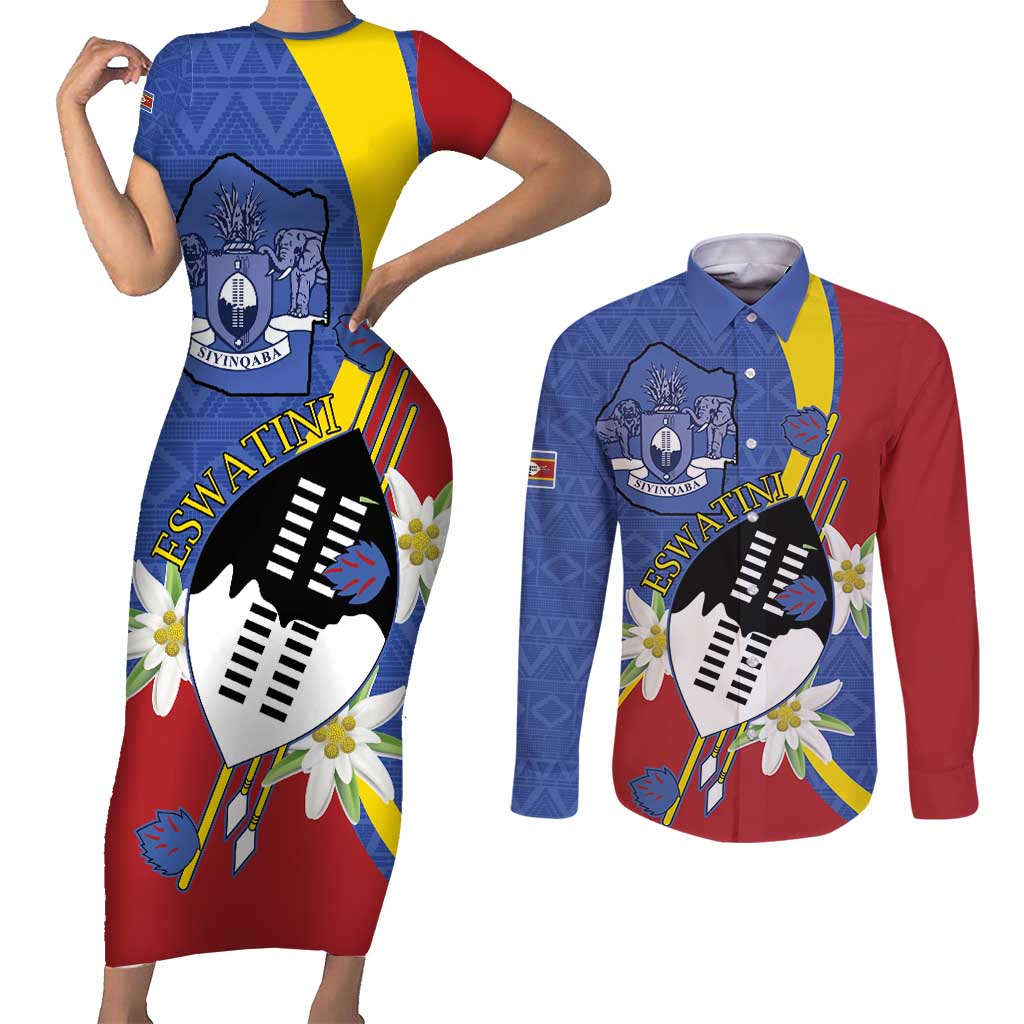 Eswatini Couples Matching Short Sleeve Bodycon Dress and Long Sleeve Button Shirt Nguni Shield Edelweiss Flower