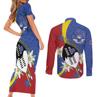 Eswatini Couples Matching Short Sleeve Bodycon Dress and Long Sleeve Button Shirt Nguni Shield Edelweiss Flower