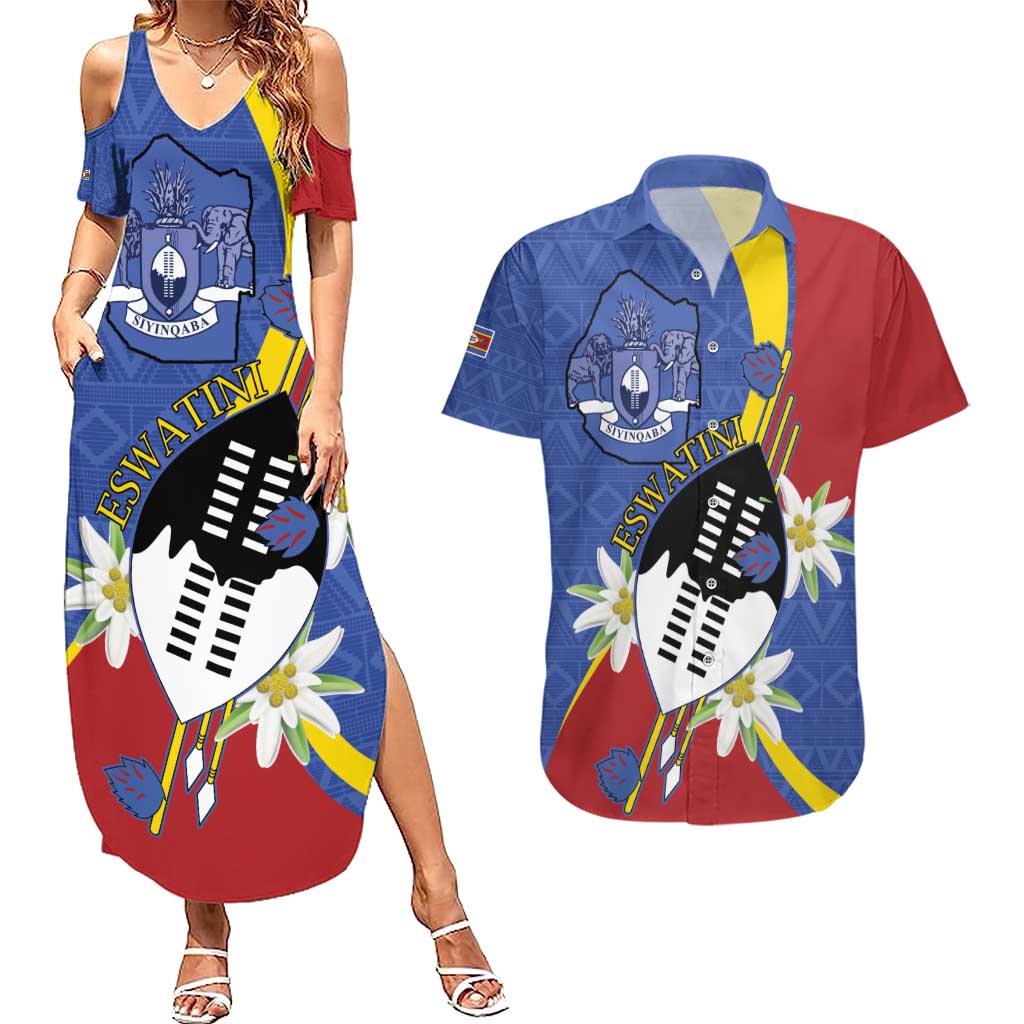 Eswatini Couples Matching Summer Maxi Dress and Hawaiian Shirt Nguni Shield Edelweiss Flower