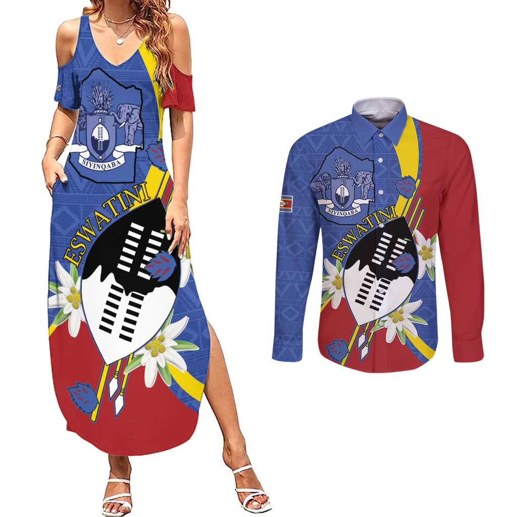 Eswatini Couples Matching Summer Maxi Dress and Long Sleeve Button Shirt Nguni Shield Edelweiss Flower