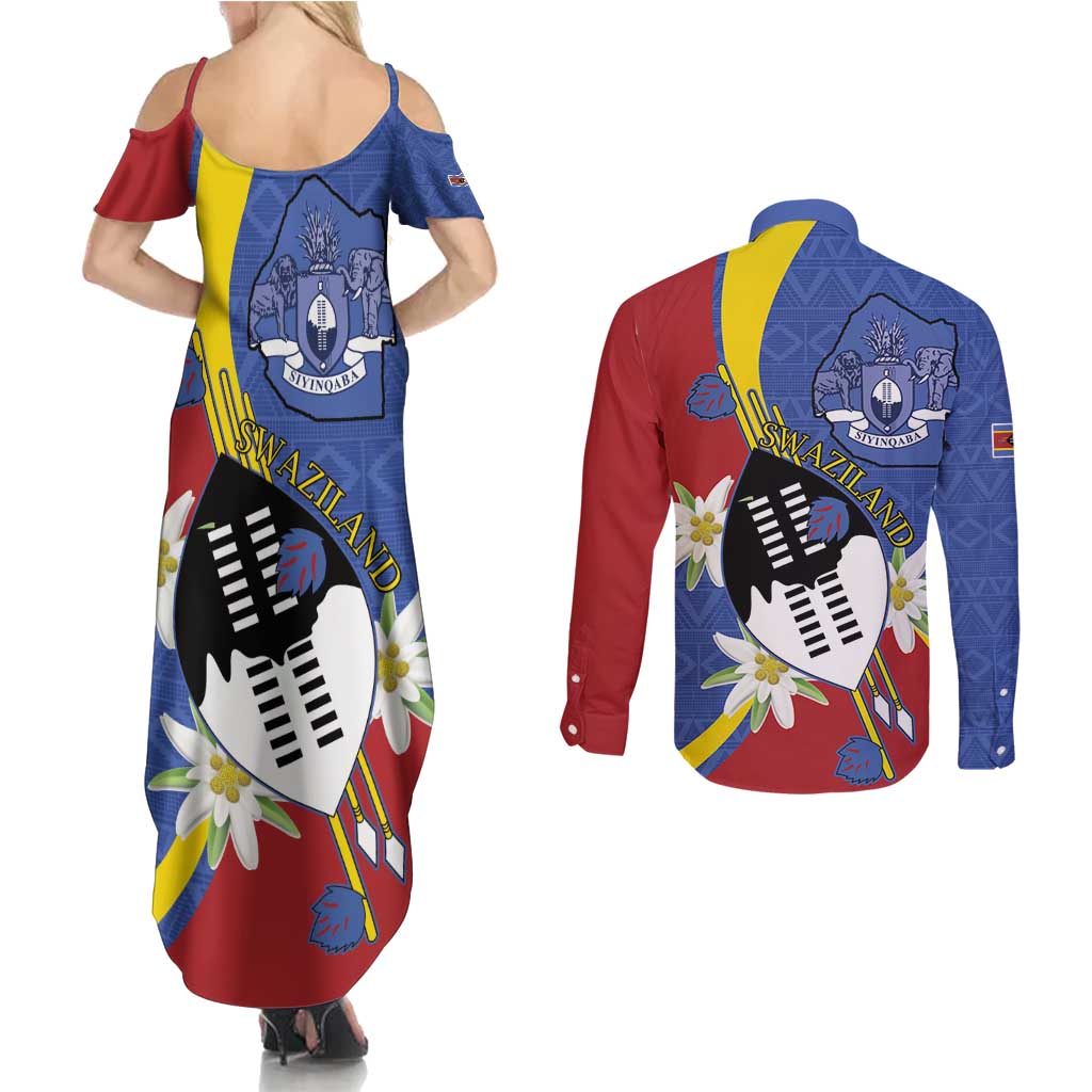 Eswatini Couples Matching Summer Maxi Dress and Long Sleeve Button Shirt Nguni Shield Edelweiss Flower