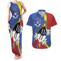 Eswatini Couples Matching Tank Maxi Dress and Hawaiian Shirt Nguni Shield Edelweiss Flower