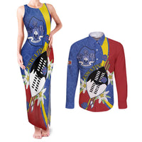 Eswatini Couples Matching Tank Maxi Dress and Long Sleeve Button Shirt Nguni Shield Edelweiss Flower