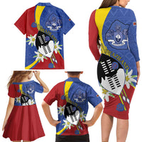 Eswatini Family Matching Long Sleeve Bodycon Dress and Hawaiian Shirt Nguni Shield Edelweiss Flower