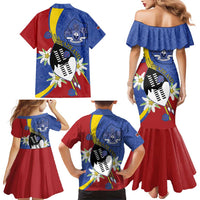 Eswatini Family Matching Mermaid Dress and Hawaiian Shirt Nguni Shield Edelweiss Flower