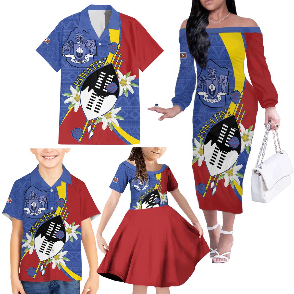 Eswatini Family Matching Off The Shoulder Long Sleeve Dress and Hawaiian Shirt Nguni Shield Edelweiss Flower