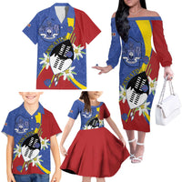 Eswatini Family Matching Off The Shoulder Long Sleeve Dress and Hawaiian Shirt Nguni Shield Edelweiss Flower