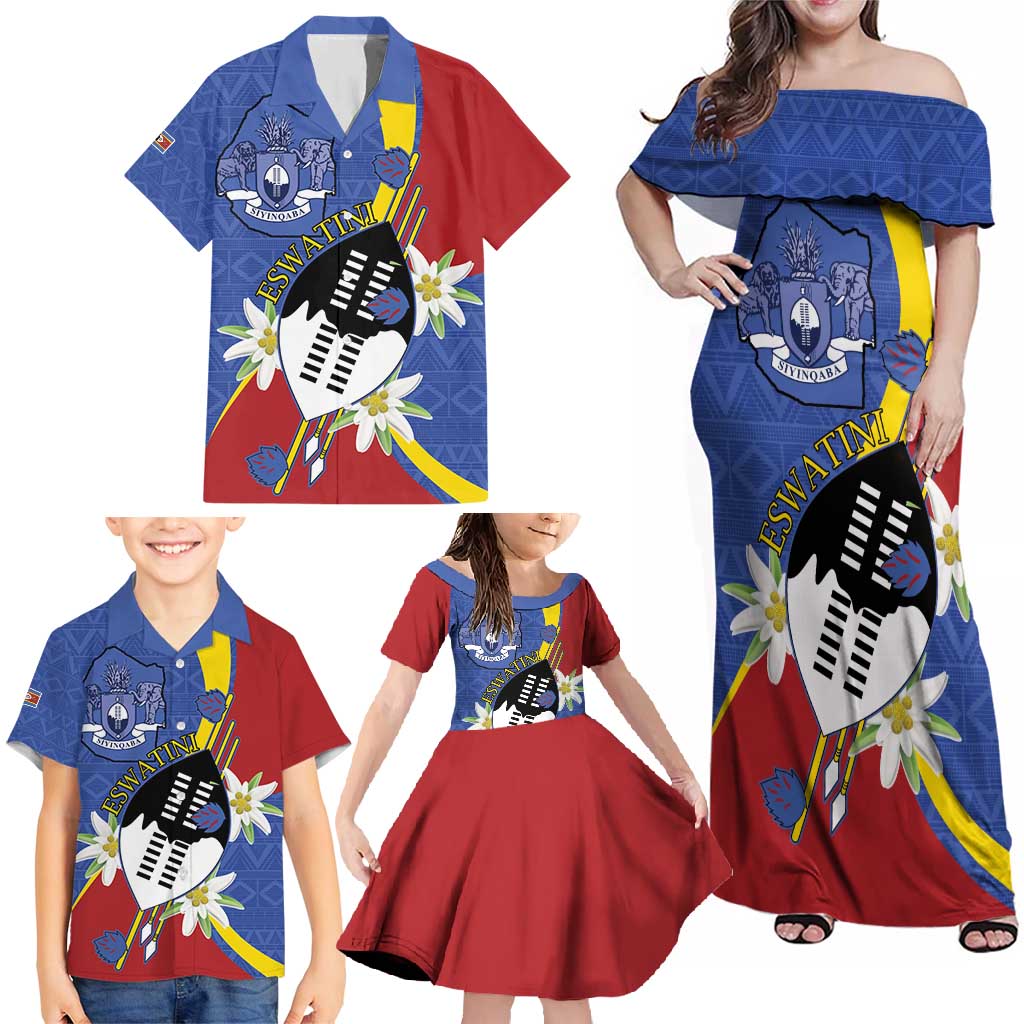Eswatini Family Matching Off Shoulder Maxi Dress and Hawaiian Shirt Nguni Shield Edelweiss Flower