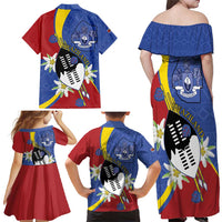 Eswatini Family Matching Off Shoulder Maxi Dress and Hawaiian Shirt Nguni Shield Edelweiss Flower
