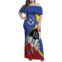 Eswatini Family Matching Off Shoulder Maxi Dress and Hawaiian Shirt Nguni Shield Edelweiss Flower