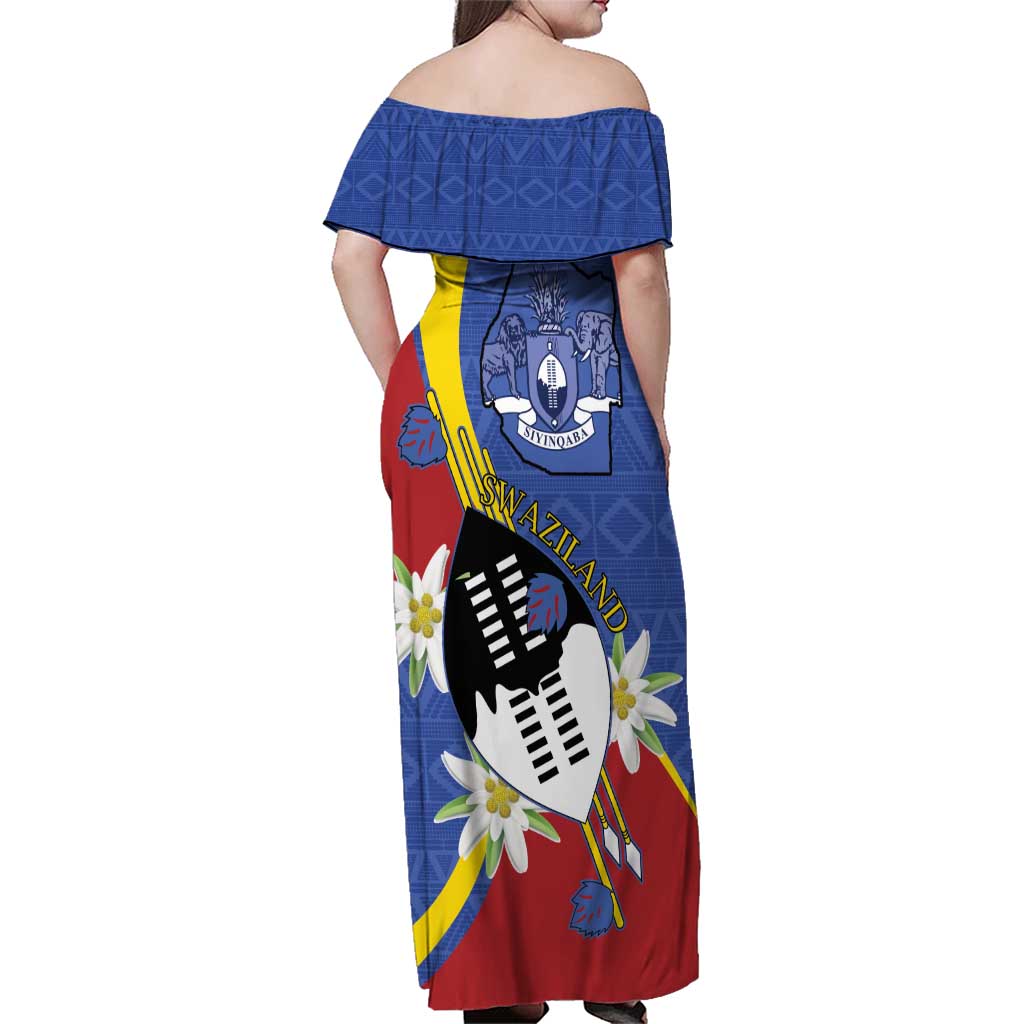 Eswatini Family Matching Off Shoulder Maxi Dress and Hawaiian Shirt Nguni Shield Edelweiss Flower