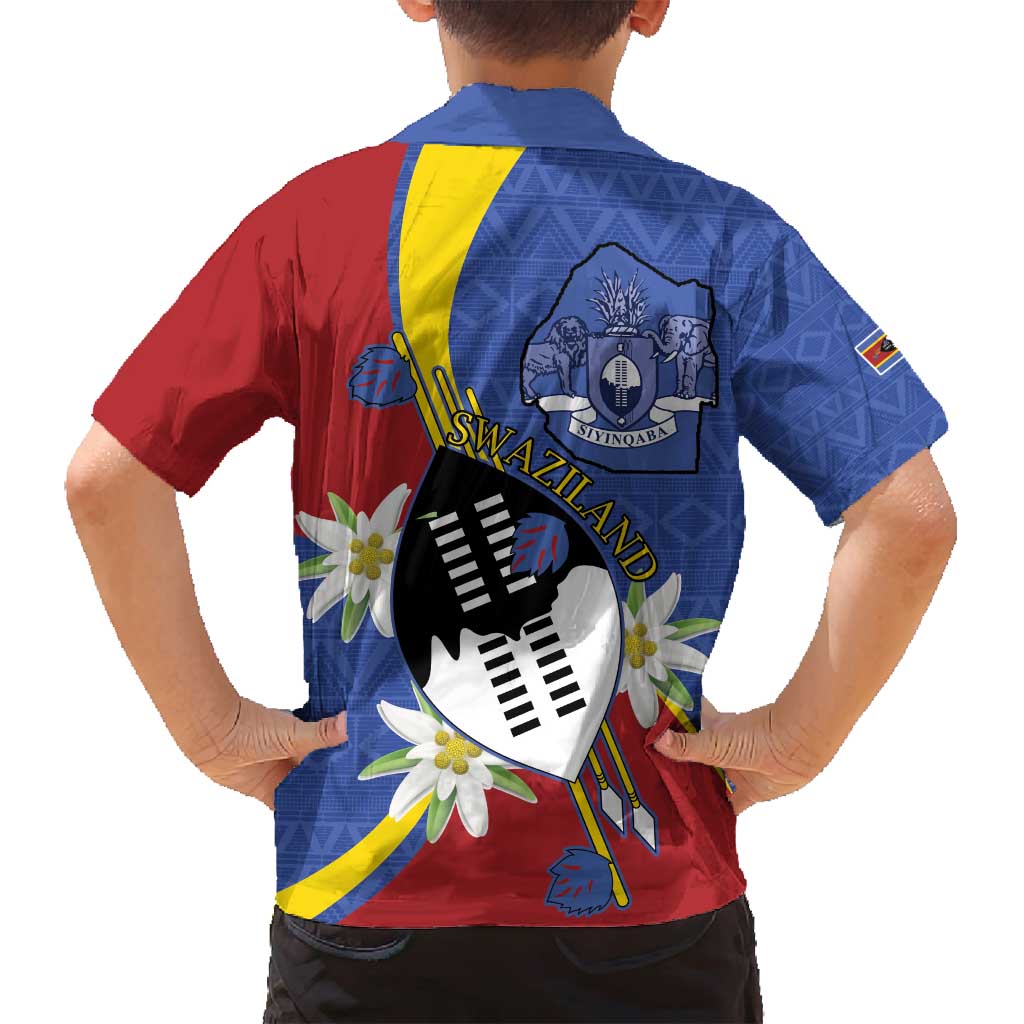 Eswatini Family Matching Off Shoulder Short Dress and Hawaiian Shirt Nguni Shield Edelweiss Flower