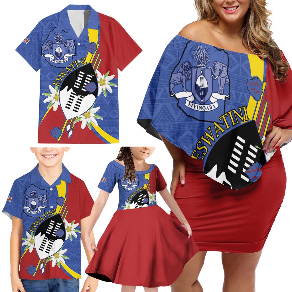 Eswatini Family Matching Off Shoulder Short Dress and Hawaiian Shirt Nguni Shield Edelweiss Flower