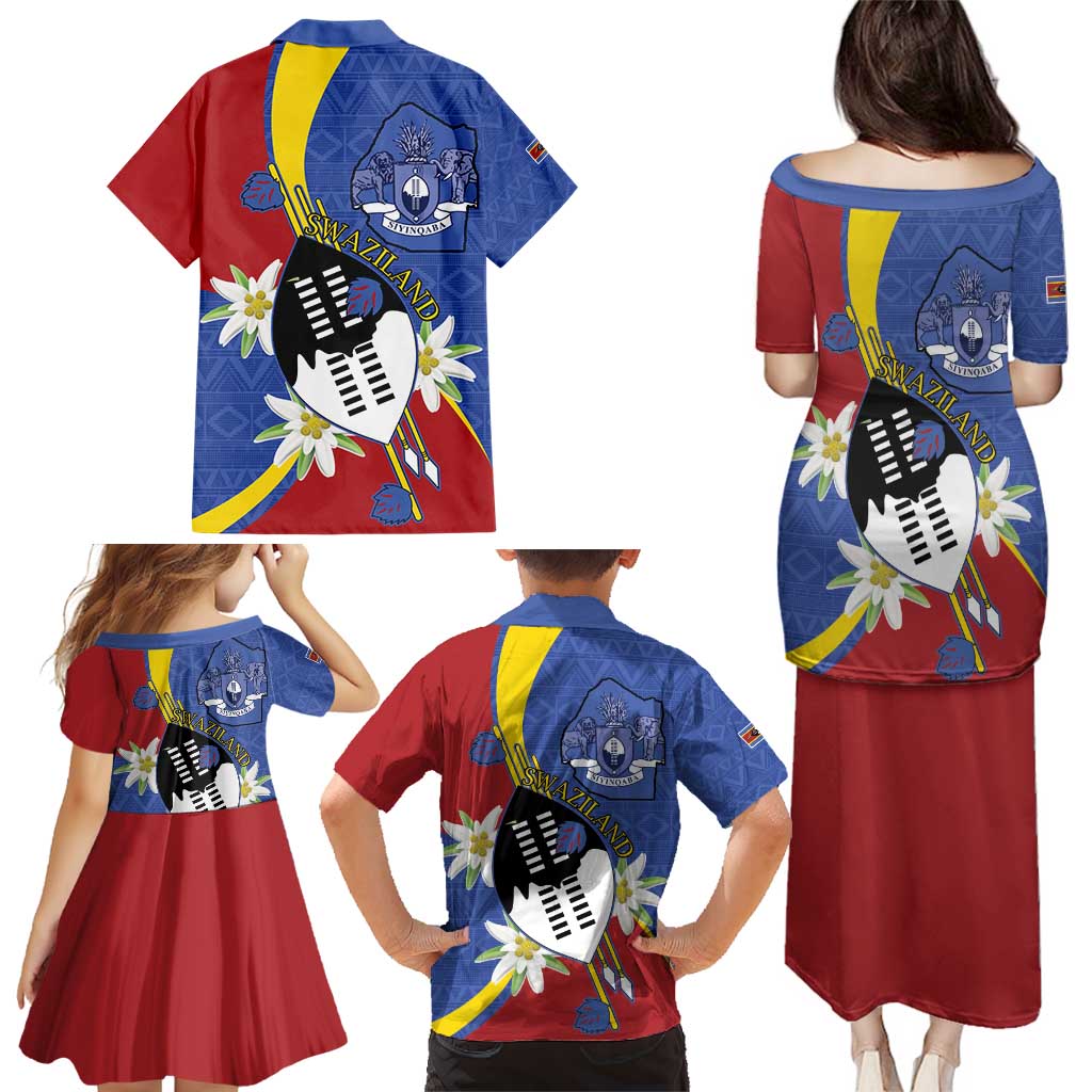 Eswatini Family Matching Puletasi and Hawaiian Shirt Nguni Shield Edelweiss Flower