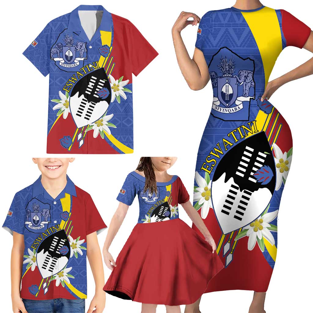 Eswatini Family Matching Short Sleeve Bodycon Dress and Hawaiian Shirt Nguni Shield Edelweiss Flower