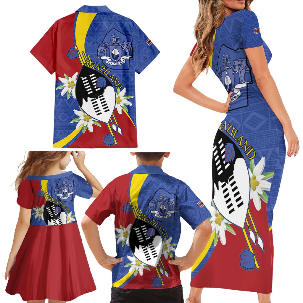 Eswatini Family Matching Short Sleeve Bodycon Dress and Hawaiian Shirt Nguni Shield Edelweiss Flower