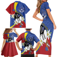 Eswatini Family Matching Short Sleeve Bodycon Dress and Hawaiian Shirt Nguni Shield Edelweiss Flower