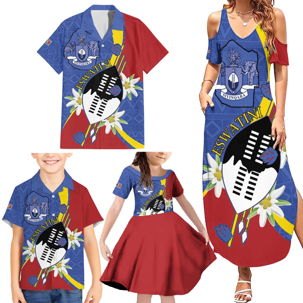 Eswatini Family Matching Summer Maxi Dress and Hawaiian Shirt Nguni Shield Edelweiss Flower