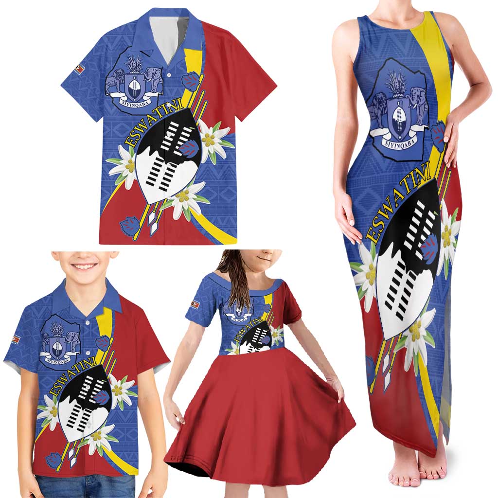 Eswatini Family Matching Tank Maxi Dress and Hawaiian Shirt Nguni Shield Edelweiss Flower