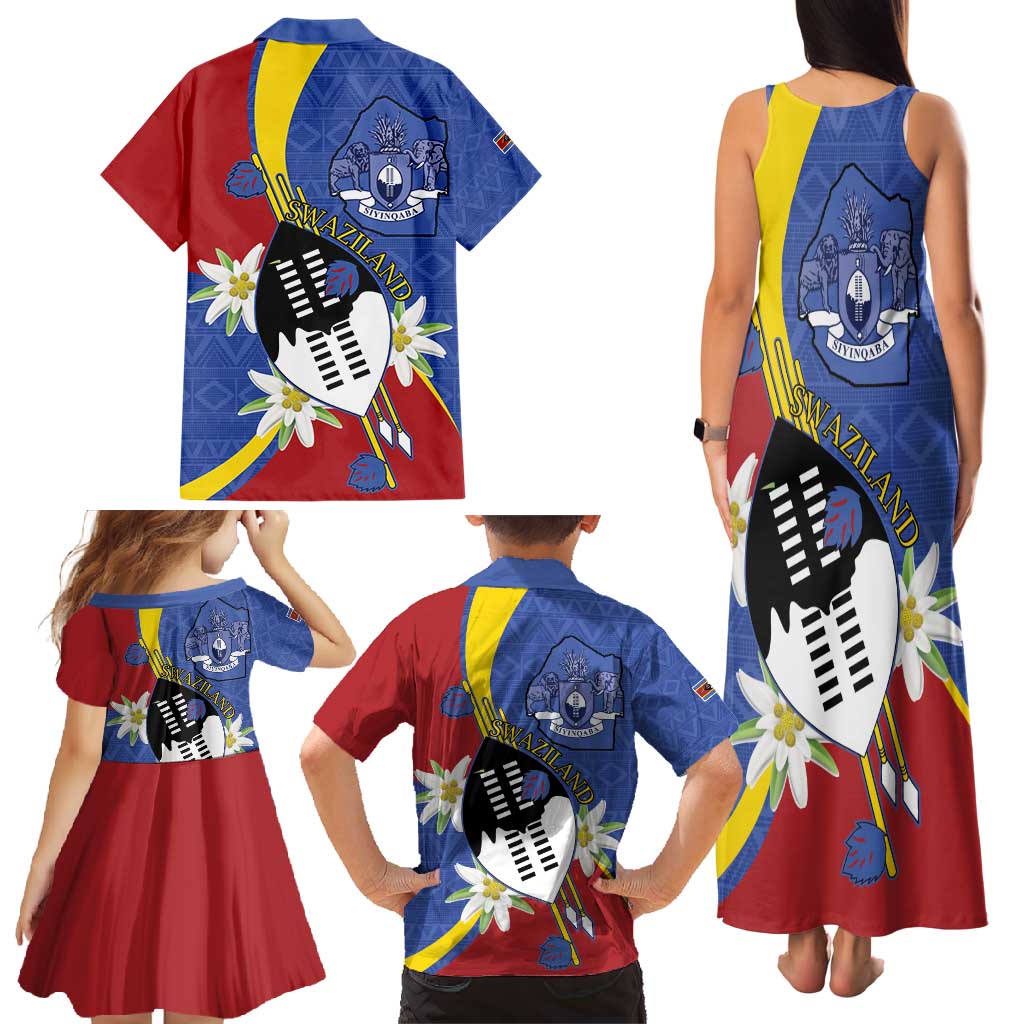 Eswatini Family Matching Tank Maxi Dress and Hawaiian Shirt Nguni Shield Edelweiss Flower
