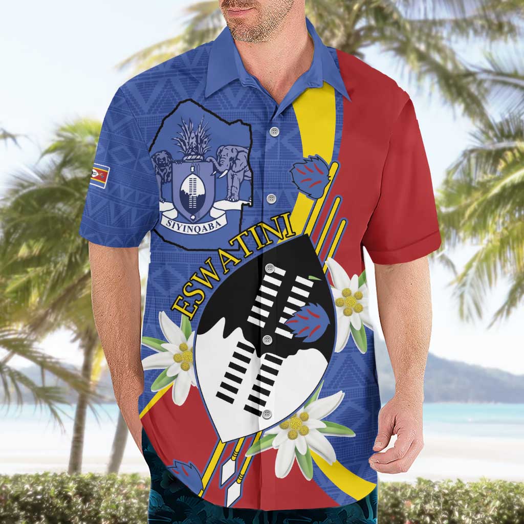 Eswatini Hawaiian Shirt Nguni Shield Edelweiss Flower