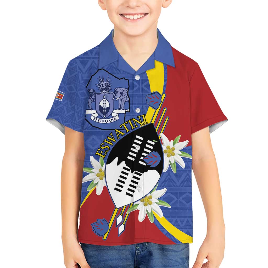 Eswatini Kid Hawaiian Shirt Nguni Shield Edelweiss Flower