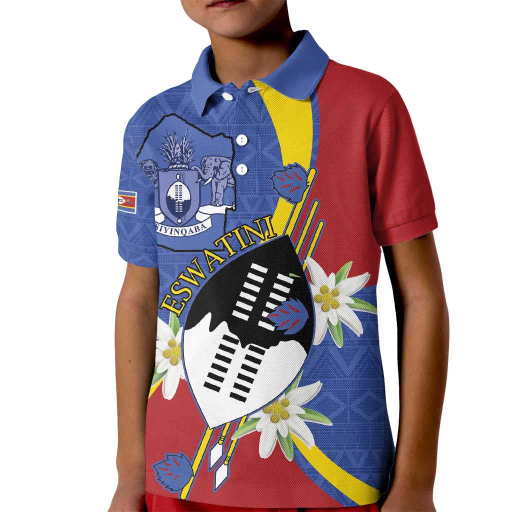 Eswatini Kid Polo Shirt Nguni Shield Edelweiss Flower