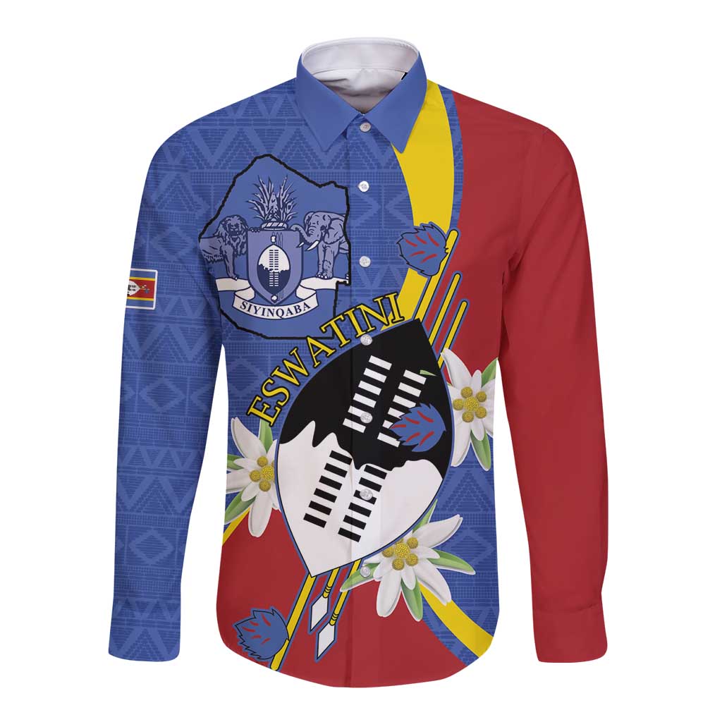 Eswatini Long Sleeve Button Shirt Nguni Shield Edelweiss Flower