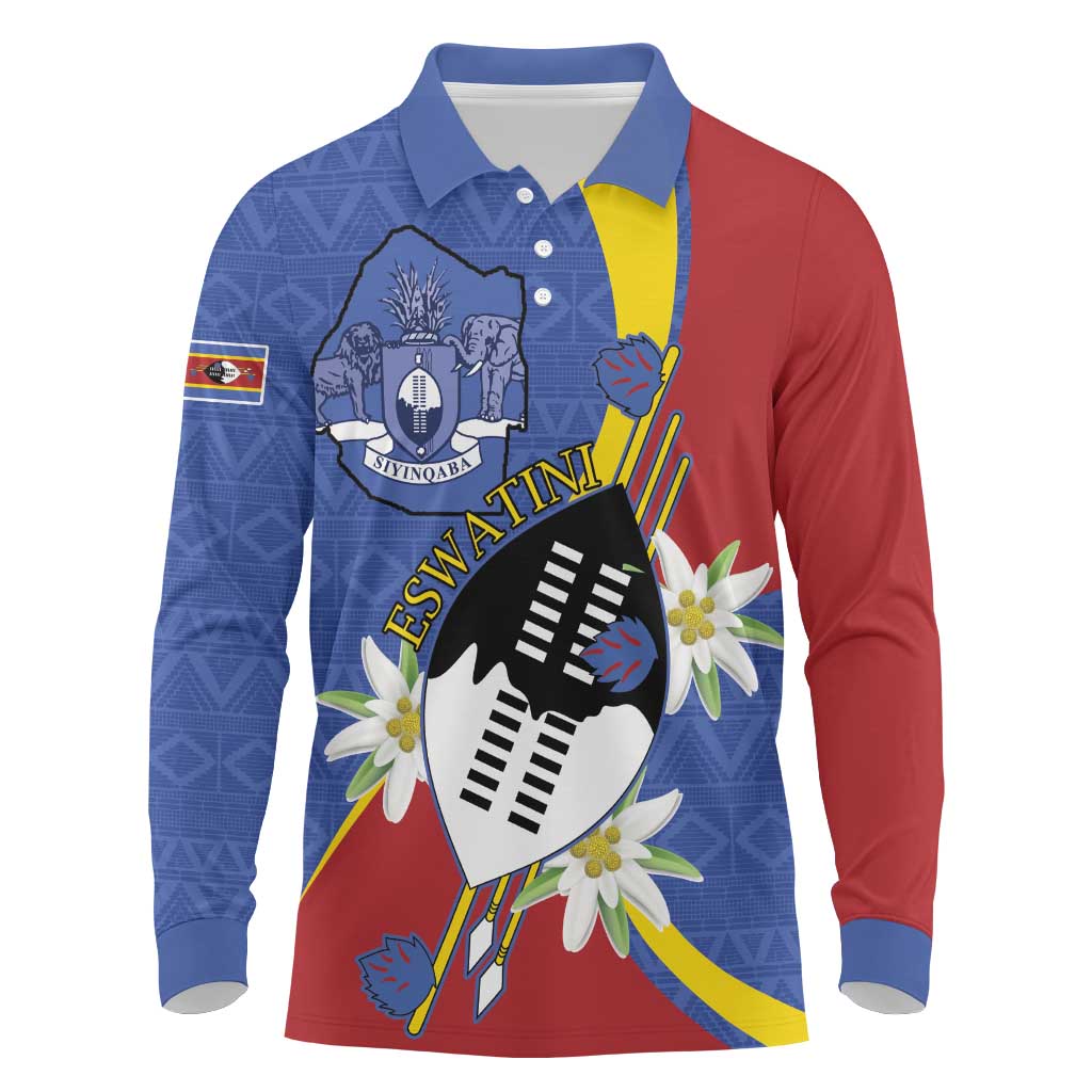 Eswatini Long Sleeve Polo Shirt Nguni Shield Edelweiss Flower