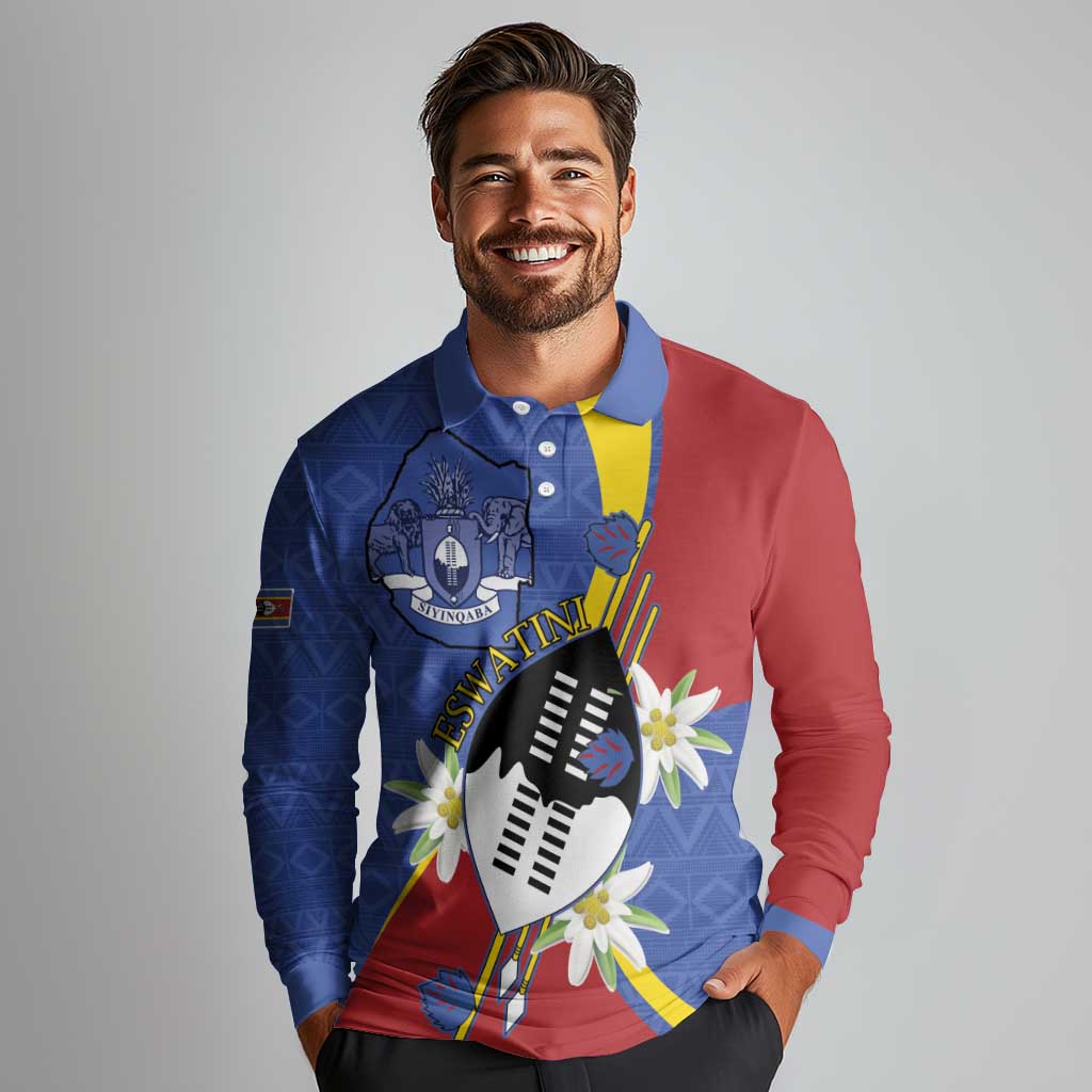 Eswatini Long Sleeve Polo Shirt Nguni Shield Edelweiss Flower