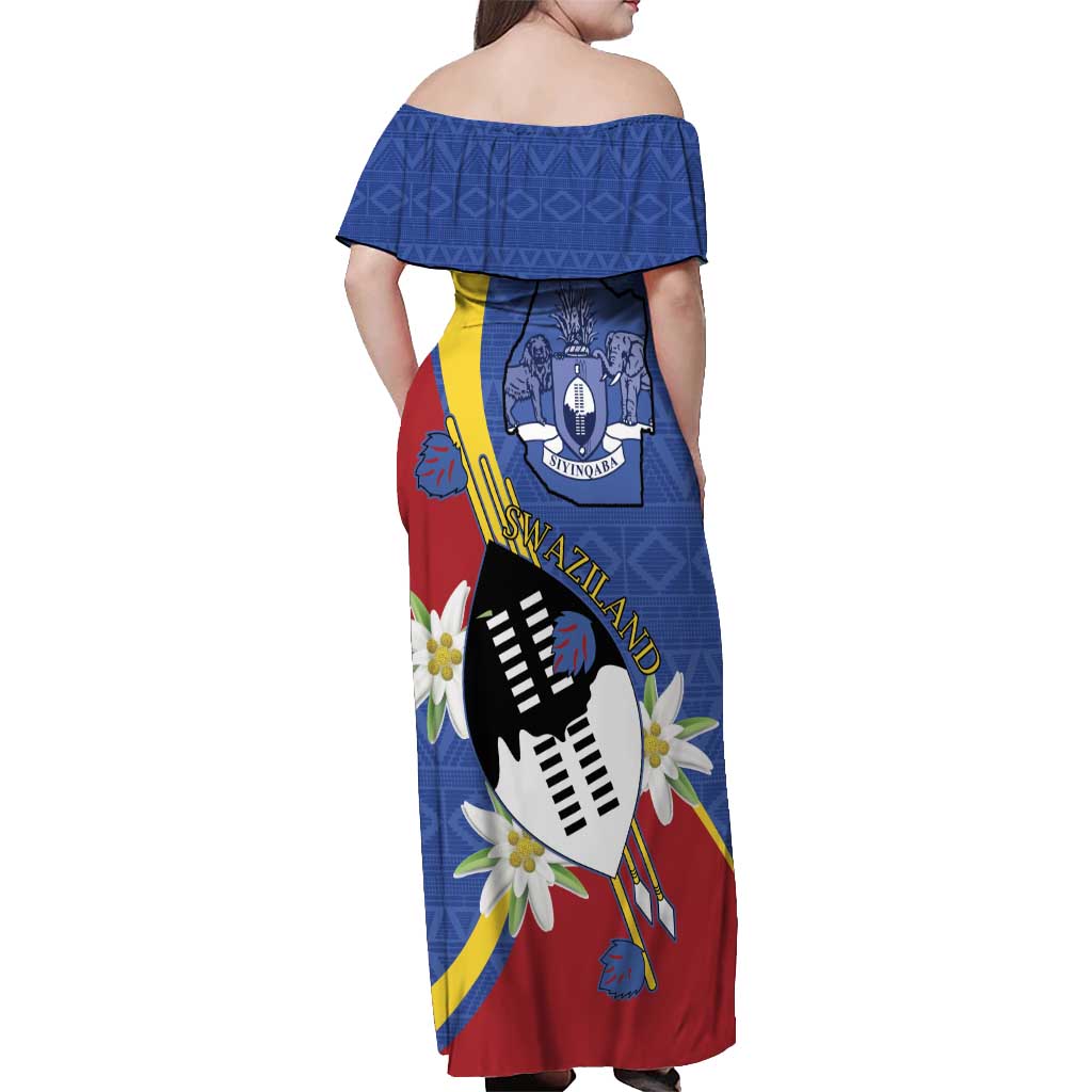 Eswatini Off Shoulder Maxi Dress Nguni Shield Edelweiss Flower
