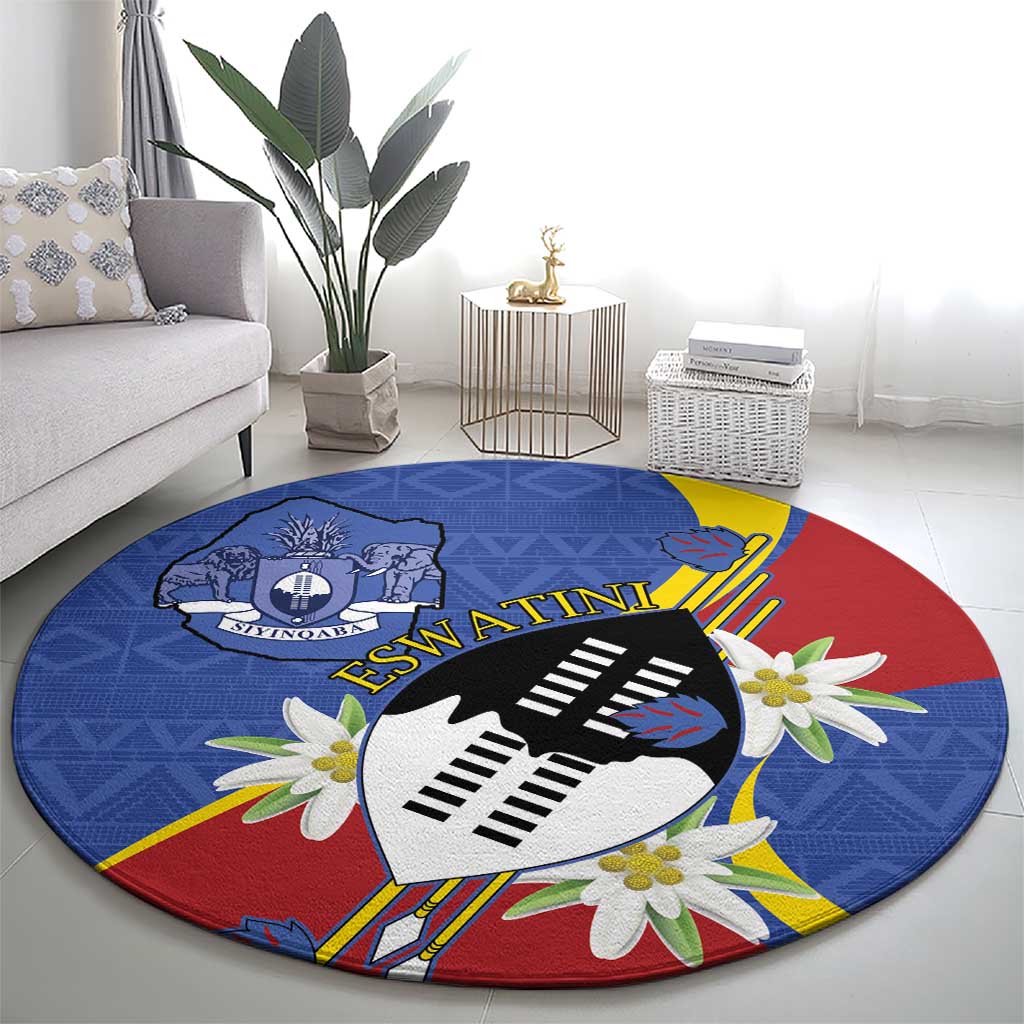 Eswatini Round Carpet Nguni Shield Edelweiss Flower
