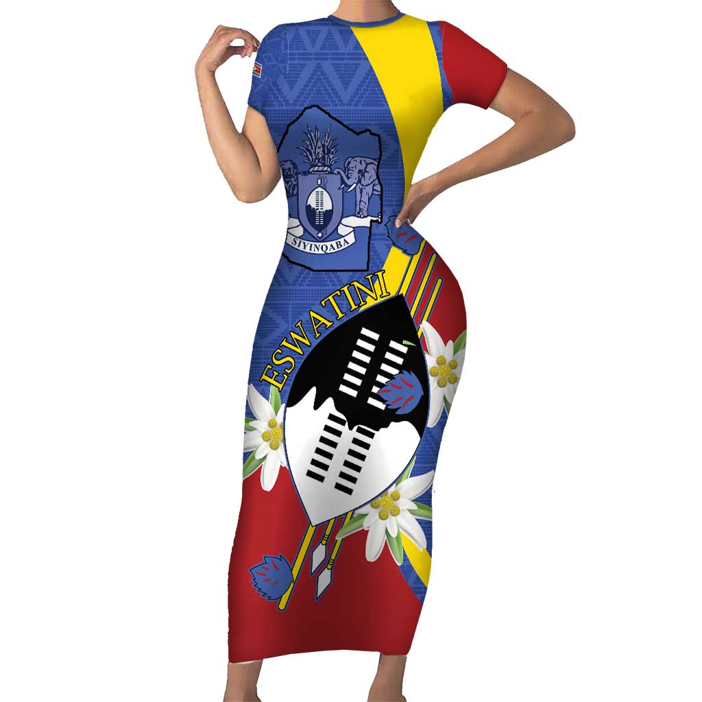 Eswatini Short Sleeve Bodycon Dress Nguni Shield Edelweiss Flower
