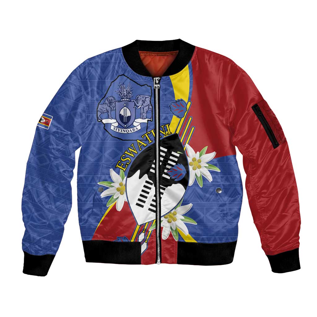 Eswatini Sleeve Zip Bomber Jacket Nguni Shield Edelweiss Flower
