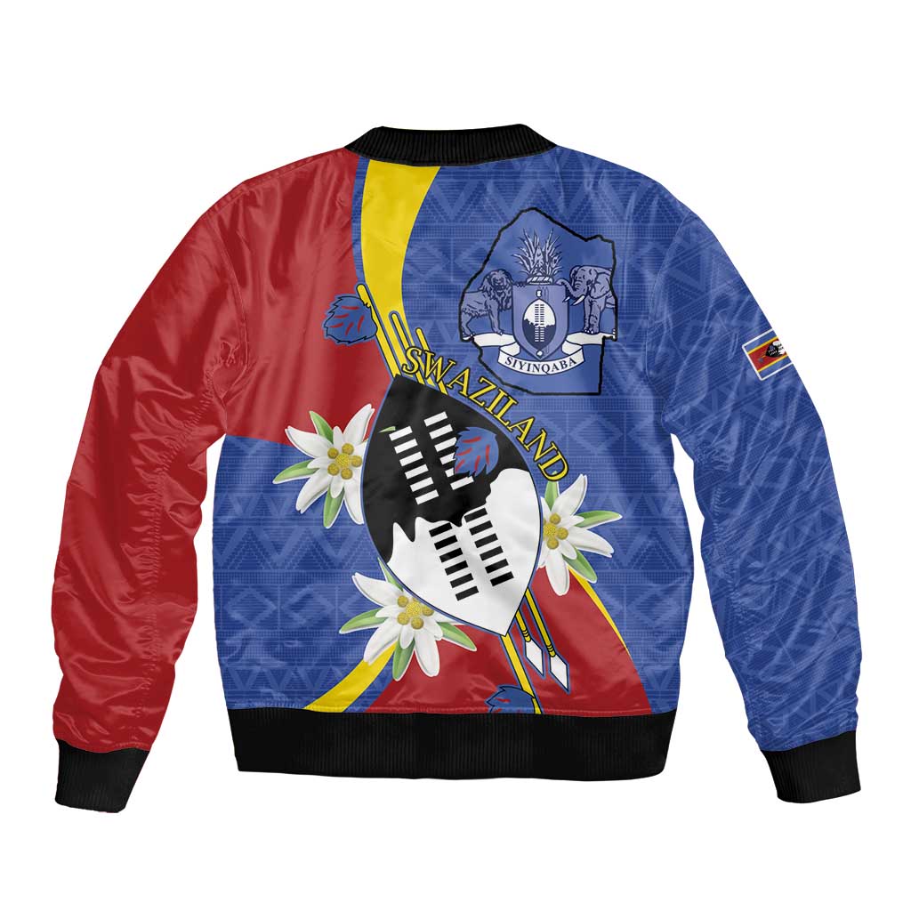 Eswatini Sleeve Zip Bomber Jacket Nguni Shield Edelweiss Flower