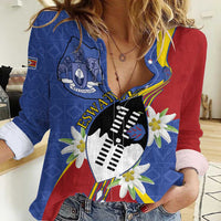 Eswatini Women Casual Shirt Nguni Shield Edelweiss Flower