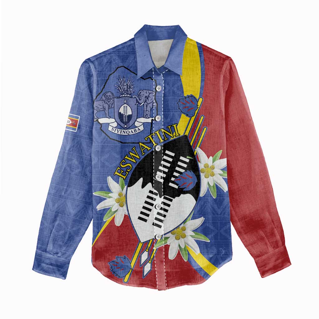 Eswatini Women Casual Shirt Nguni Shield Edelweiss Flower