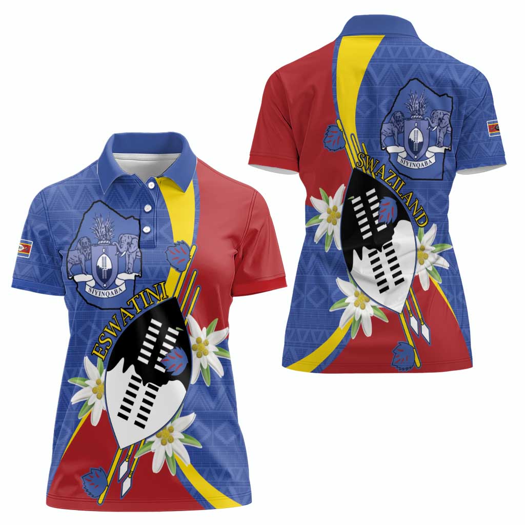 Eswatini Women Polo Shirt Nguni Shield Edelweiss Flower