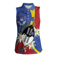 Eswatini Women Sleeveless Polo Shirt Nguni Shield Edelweiss Flower