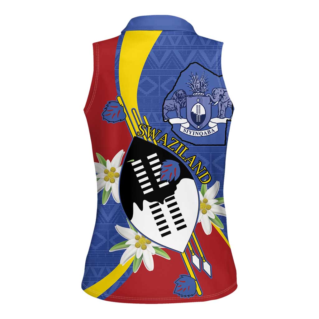 Eswatini Women Sleeveless Polo Shirt Nguni Shield Edelweiss Flower